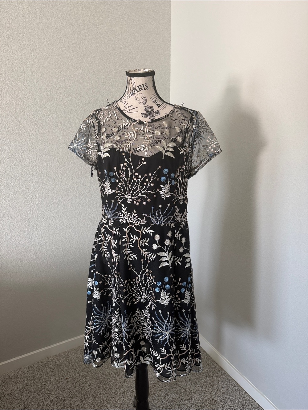 Adrianna Papell Black Sheer Yoke Floral Embroidered Fit & Flare Dress
